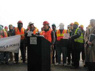 Tom Sschwark of ILA Local 815 speeks before a Press Conference March 23rd to Plead the DNR match MN, IL, IN, PA, and OH standards for ballast water treatment.