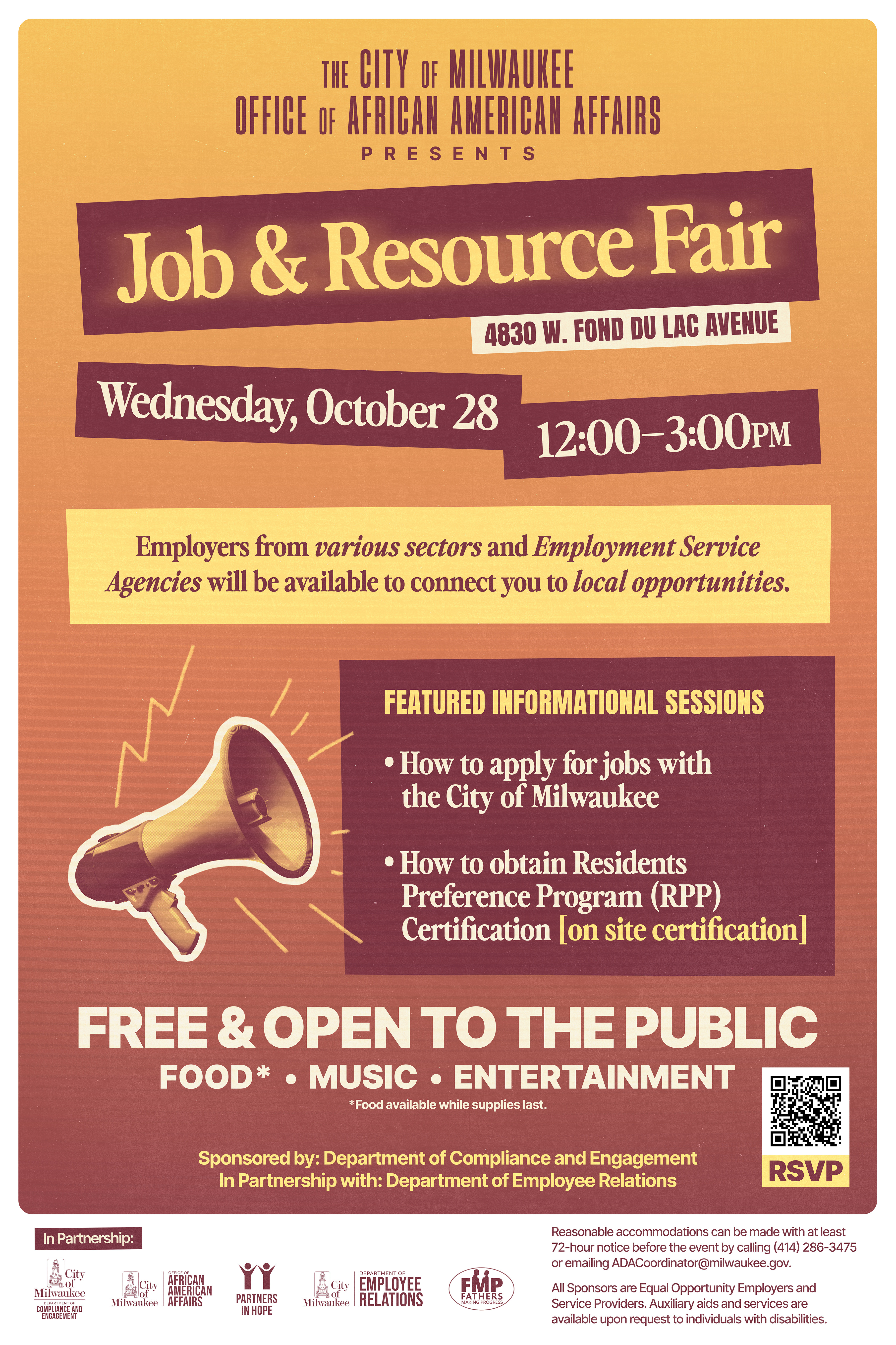 A vintage-style orange and burgundy flyer from the City of Milwaukee Office of African American Affa