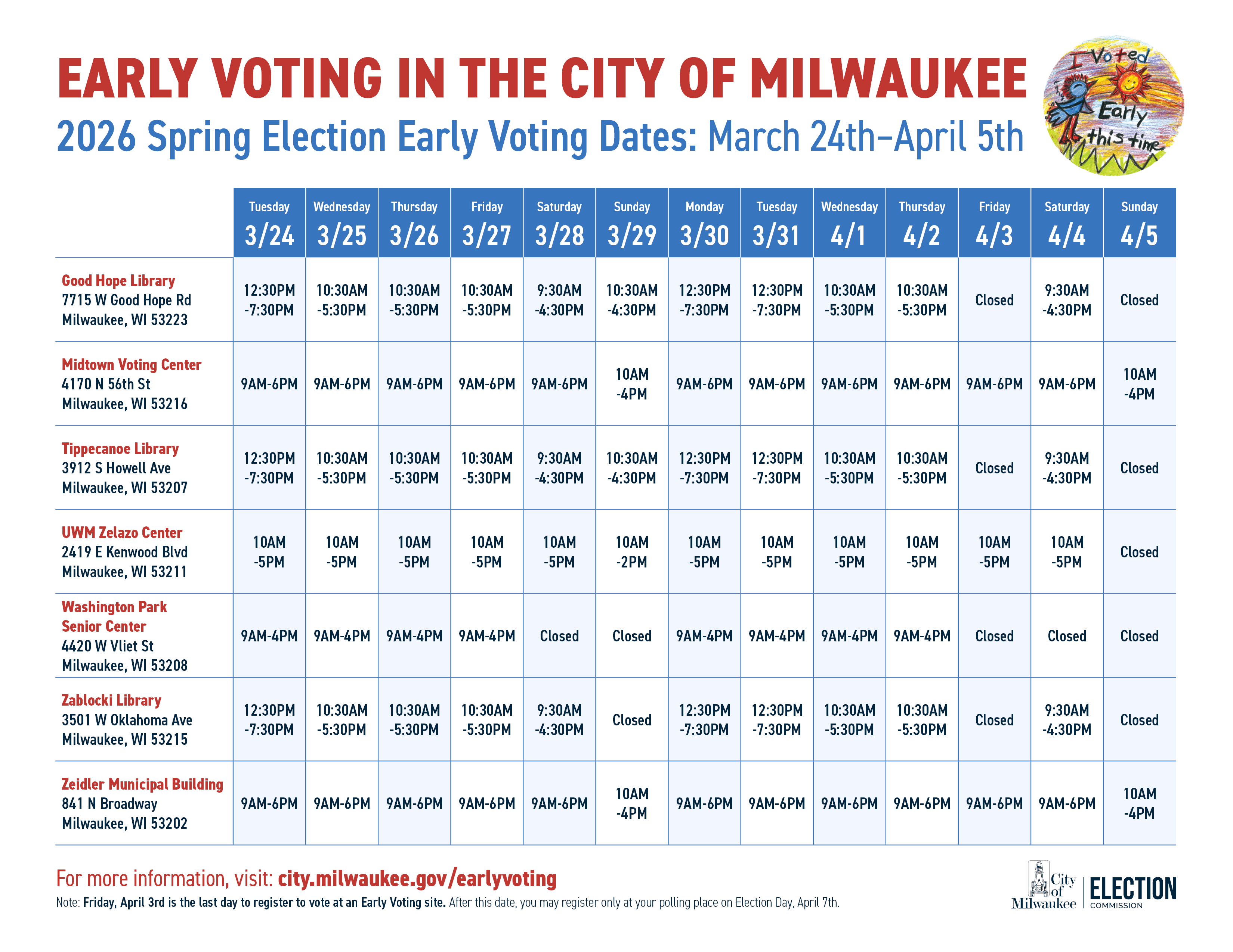 April 2026 Early Voting Calendar in English and Spanish