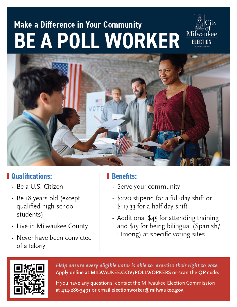 Flyer detailing how to become a poll worker in Milwaukee