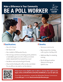 Flyer detailing how to become a poll worker in Milwaukee