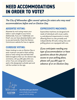 Information on options for voters who need accommodations before and on election day