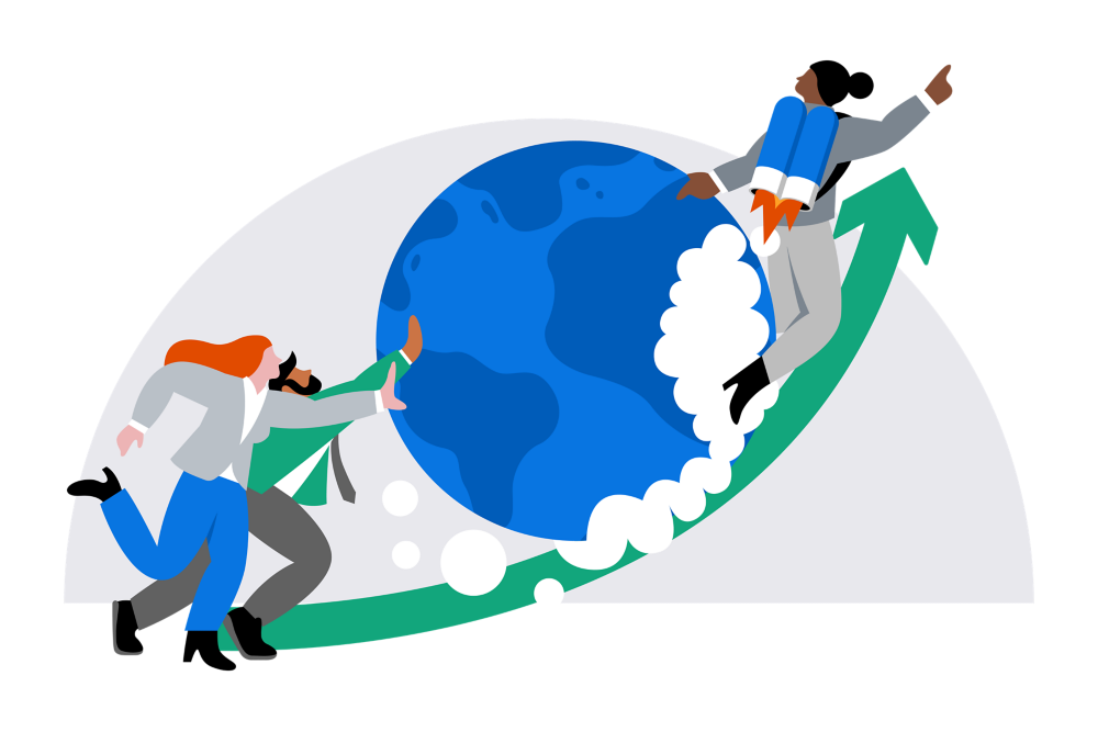 An illustration of people pushing globe rocket