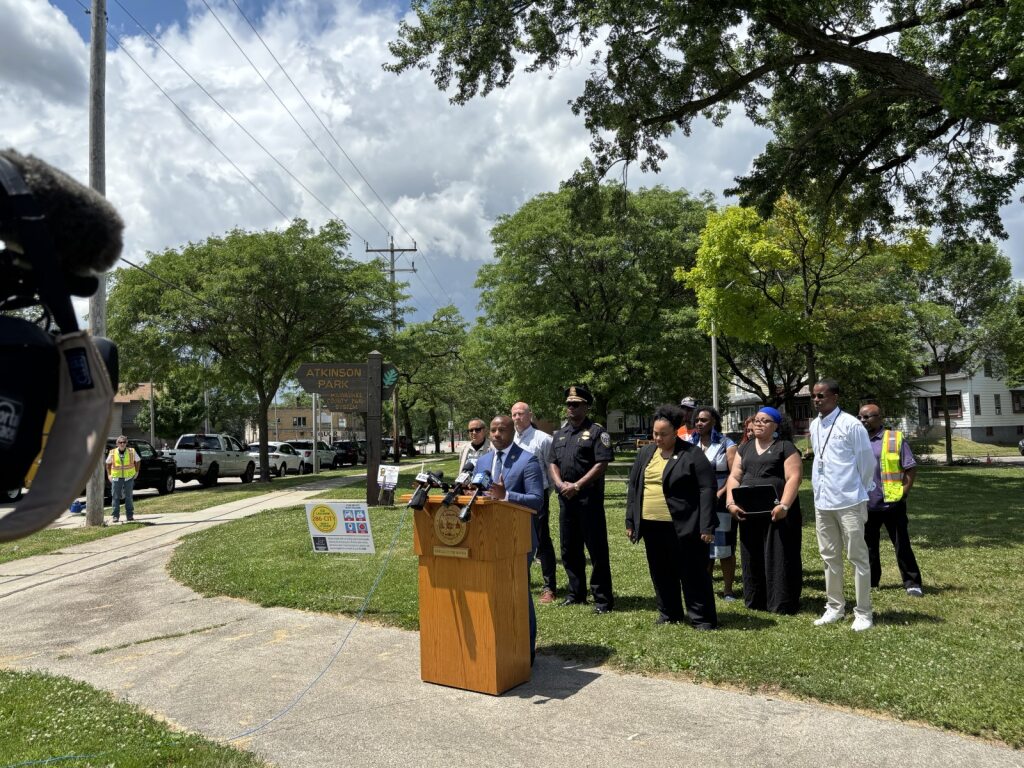 Mayor Cavalier Johnson speaking during Adopt-A-Neighborhood Arlington Heights