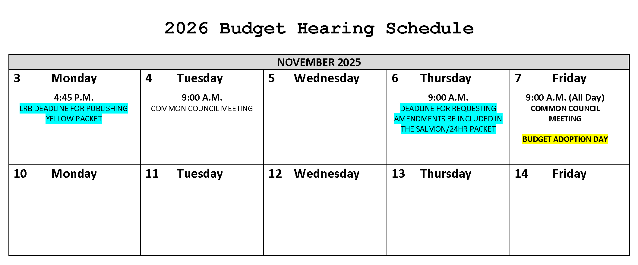 Budget hearings calendar for November 2025
