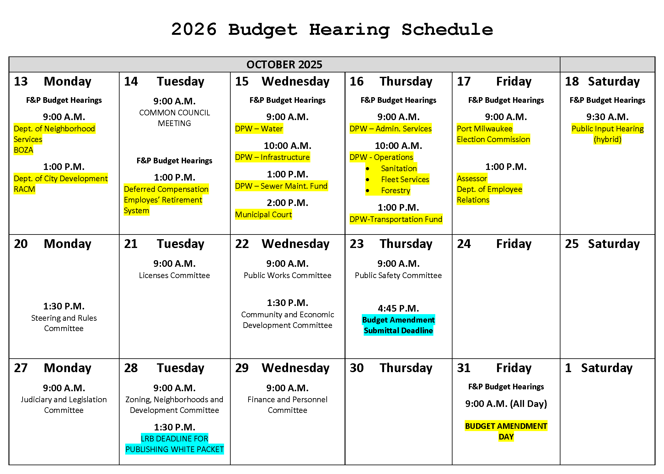 Budget hearings calendar for October 2025