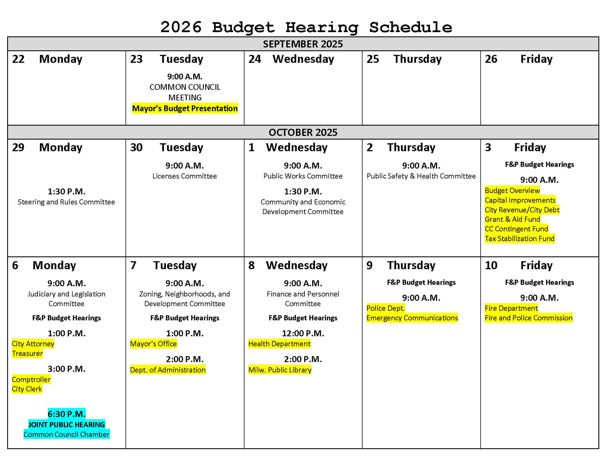 Budget hearings calendar for September-October 2025