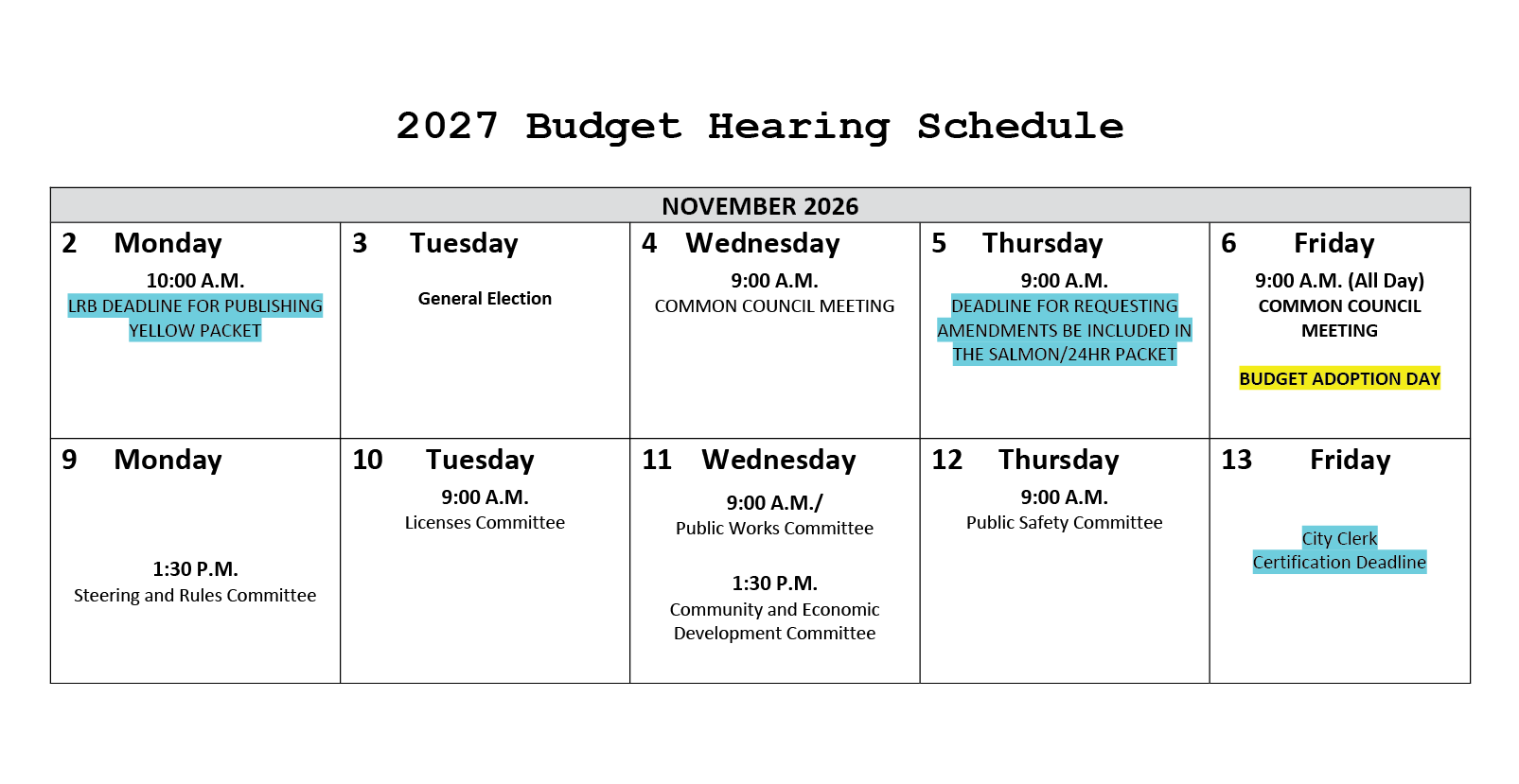 Budget hearings calendar for November 2026