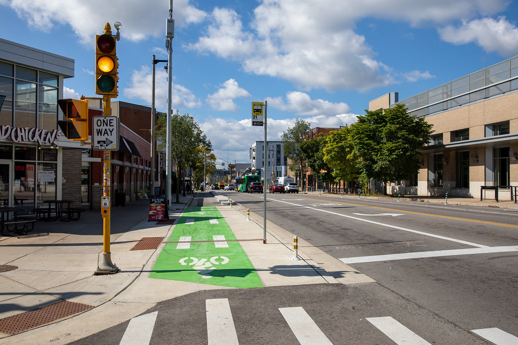 Bus bulb and painted protected bike lane on North Avenue