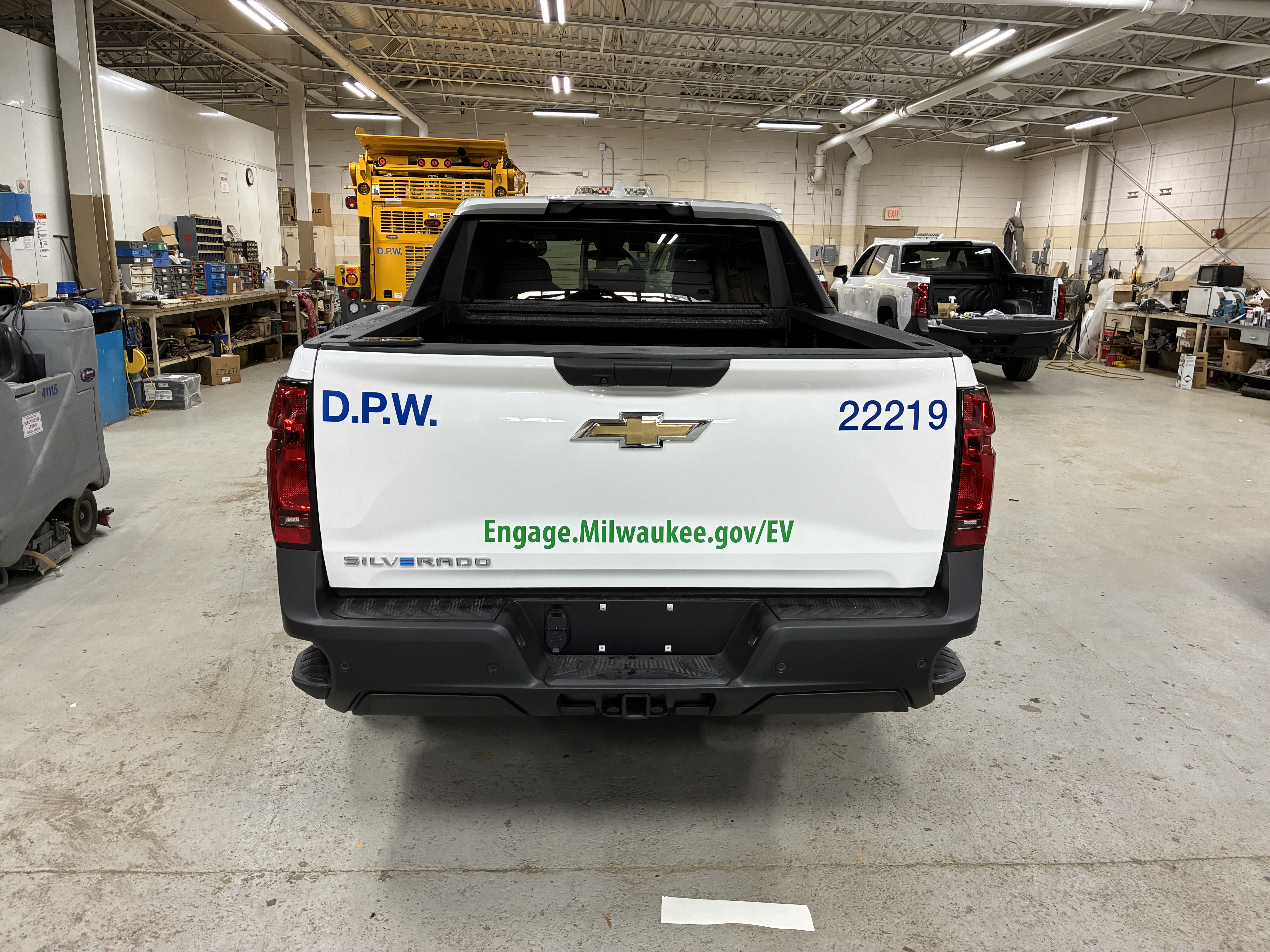 One of City of Milwaukee's 20 brand new Chevrolet Sliverado EV's with EV Engage Website URL