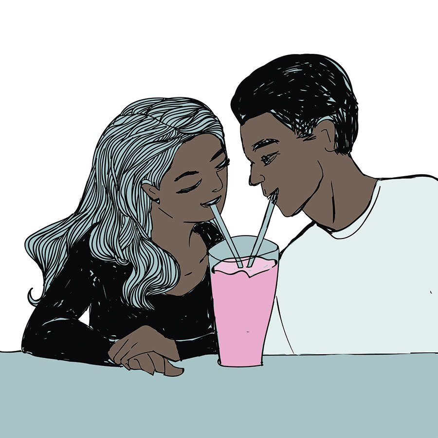 A couple drinking a milkshake. 