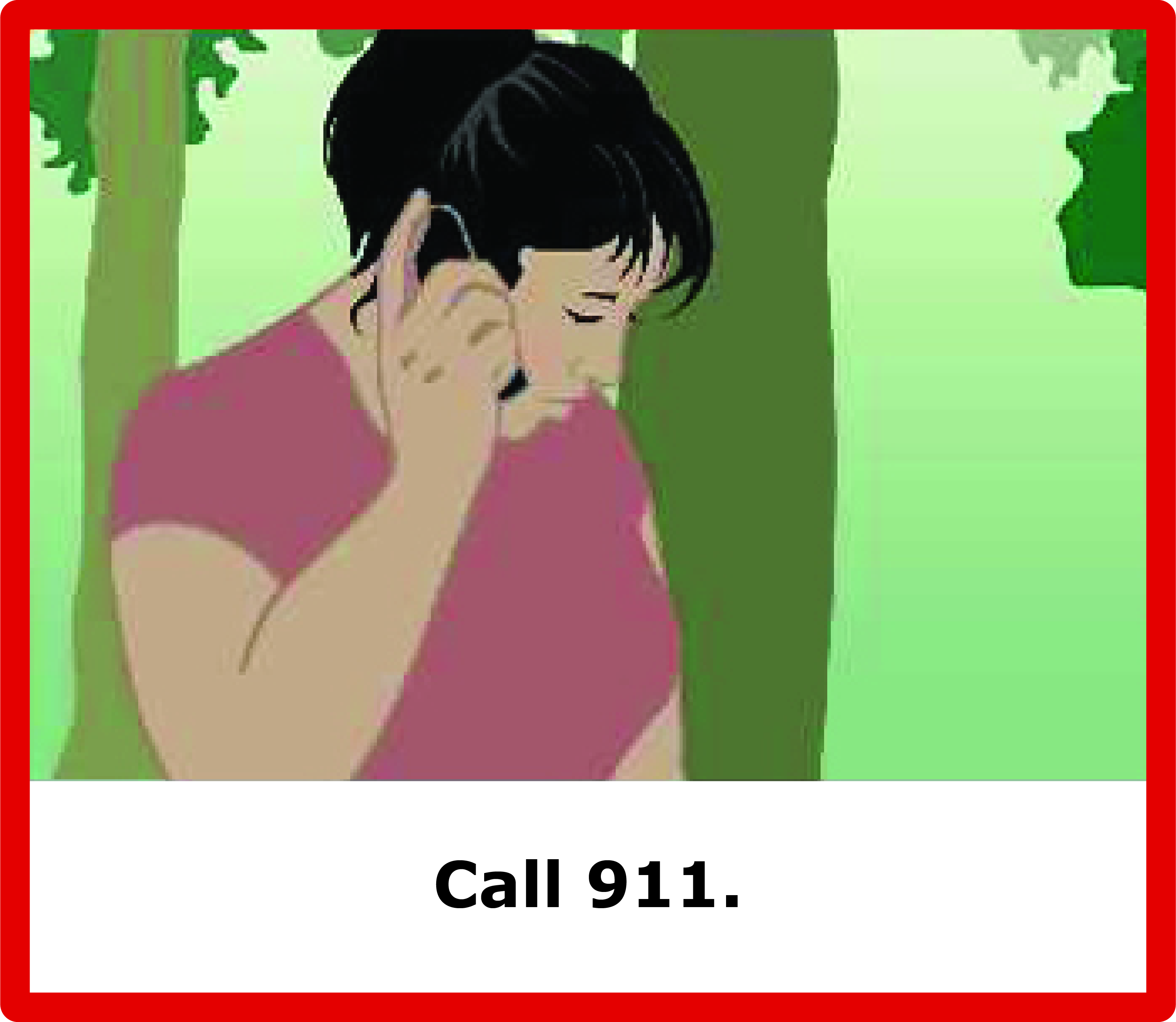 Woman on cell phone outside by tree with text "Call 911"