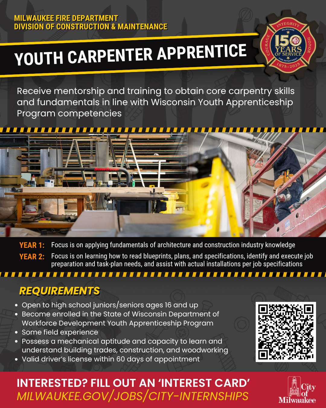 Youth Carpenter Apprenticeship Ad featuring a photo of woodworking tools and stacks of wood and a photo of a carpenter on a scaffold measuring a sawed hole in the wall