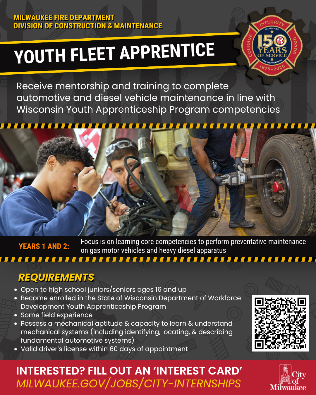 Youth Fleet Apprenticeship Ad with a youth apprentice using a tool with a fleet member and photo of fleet member changing a fire engine tire