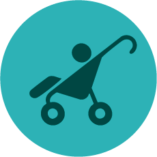 Icon of baby in a stroller to represent maternal and child health