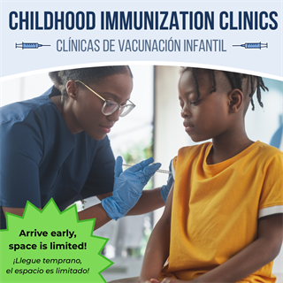 Nurse vaccinating a child. Visit the upcoming Fall Childhood Immunization Clinics. Arrive early, spots are limited. Click on link below for full schedule.