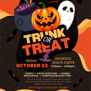 pumpkin, ghost, and other Halloween imagery promoting the upcoming trunk or treat event. Friday, Oct