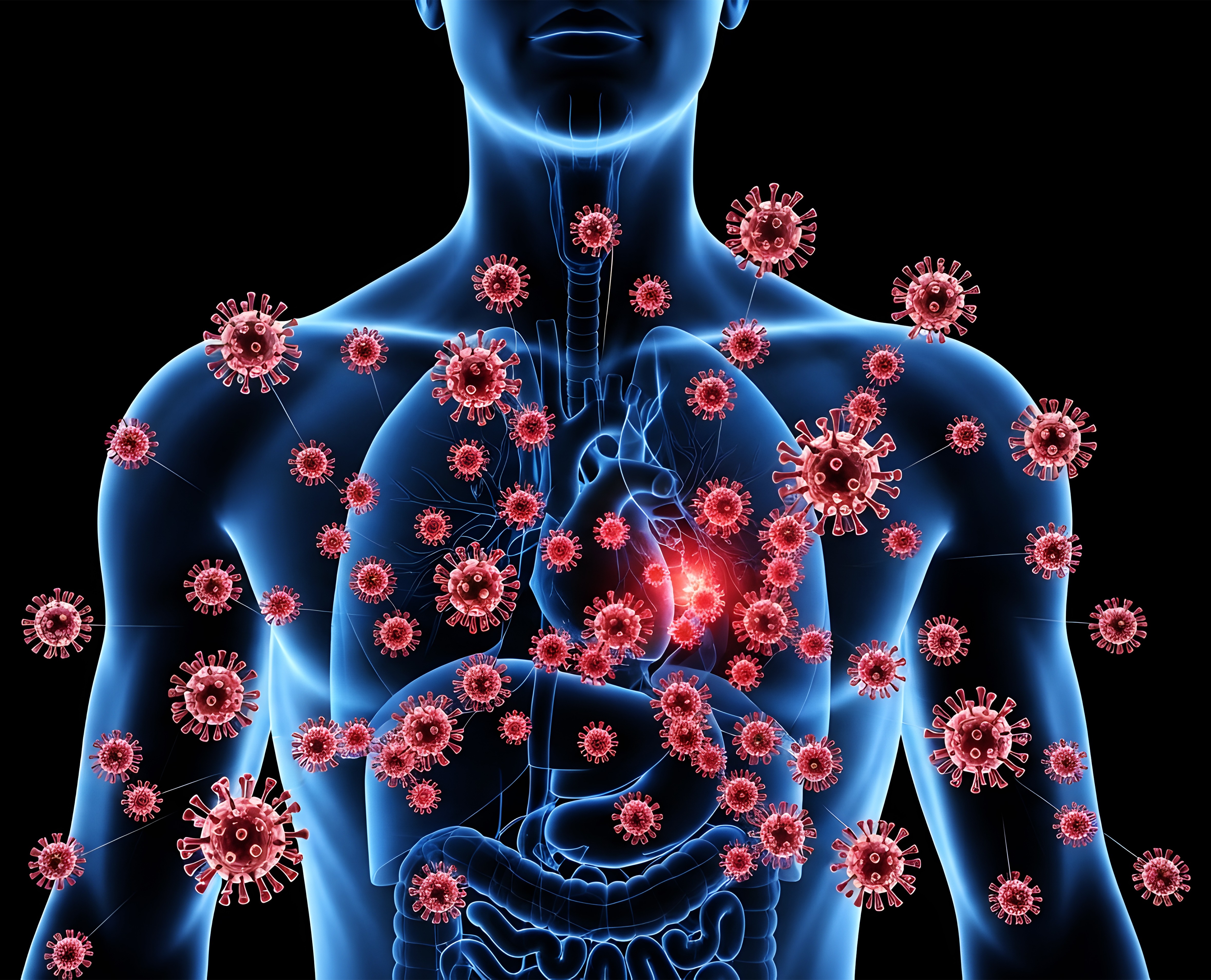 X-ray of chest and lung cavity with infectious microbes
