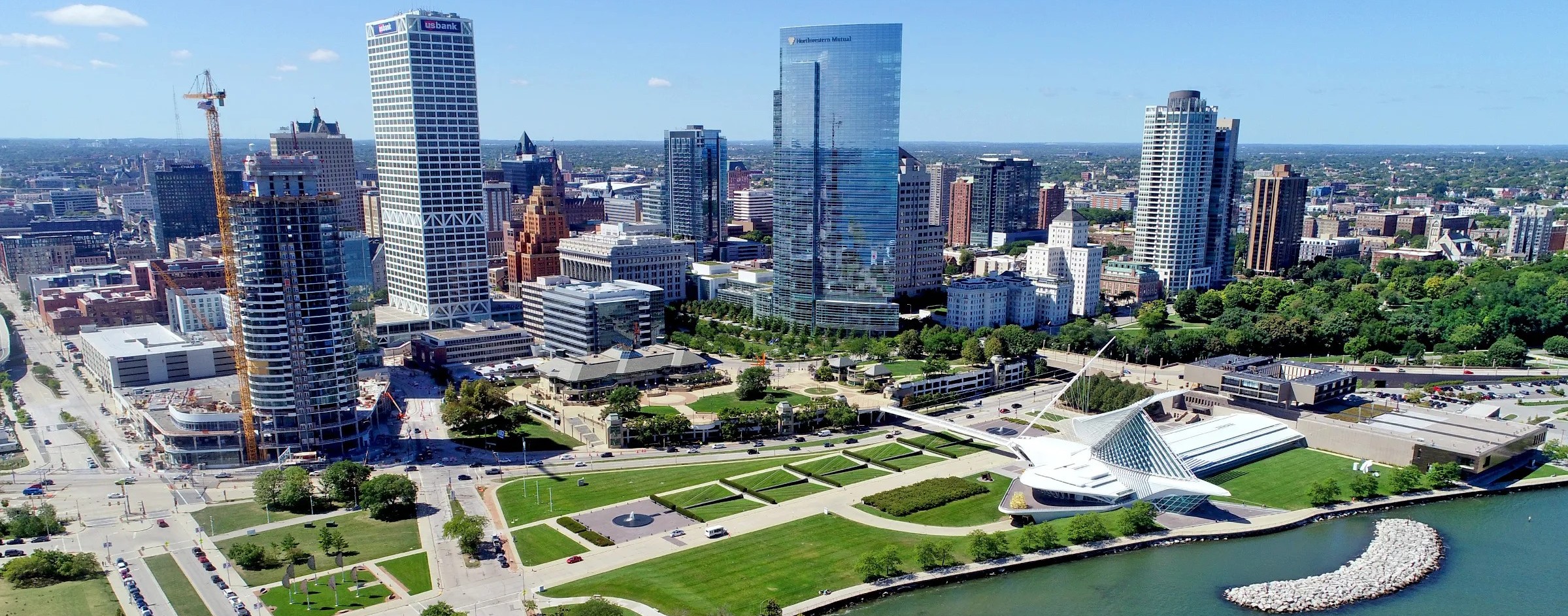 Aerial view of Milwaukee lower east side lakeshore