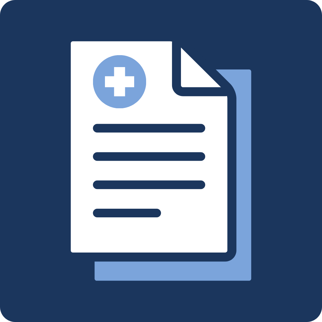 Papers with blue health symbol (cross with circle around it)