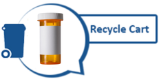 Image of pill bottle and blue recycle cart
