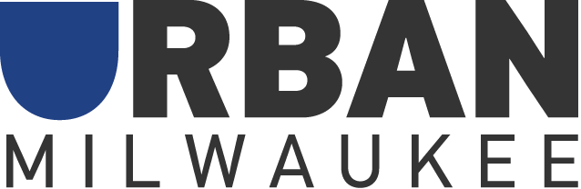 Abstract logo reading "Urban" and "Milwaukee," with blue circular emblem